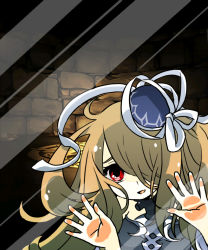 Rule 34 | 1girl, against glass, ahoge, bare shoulders, blonde hair, dress, fake phone screenshot, fake screenshot, fourth wall, glass, hair over one eye, halterneck, hat, hat ribbon, light brown hair, long hair, looking at viewer, open mouth, pandora (p&amp;d), phone wallpaper, pikomarie, purple dress, purple hat, puzzle &amp; dragons, red eyes, reflection, ribbon, sleeveless, sleeveless dress, smile, solo, stone, stone wall, wall, wallpaper, white ribbon