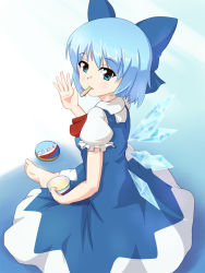 Rule 34 | 1girl, bad id, bad pixiv id, barefoot, blue eyes, blue hair, cirno, dress, female focus, food, gradient background, highres, ice cream, indian style, kakiha makoto, looking at viewer, looking back, matching hair/eyes, open hand, short hair, sitting, solo, touhou, wings