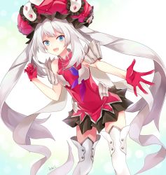 Rule 34 | 1girl, :d, bare shoulders, black skirt, blue eyes, boots, commentary request, fate/grand order, fate (series), frilled hat, frills, gloves, hat, kubyou azami, leaning forward, long hair, looking at viewer, marie antoinette (fate), open mouth, outstretched arm, pleated skirt, red gloves, red hat, red shirt, shirt, sidelocks, silver hair, skirt, sleeveless, sleeveless shirt, smile, solo, thigh boots, thighhighs, twintails, very long hair, white footwear, white thighhighs