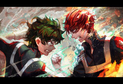 Rule 34 | 2boys, ahoge, alternate eye color, attack, battle, blue eyes, blurry, blurry background, boku no hero academia, burn scar, clenched hand, clenched teeth, commentary, cryokinesis, depth of field, embers, english commentary, eye contact, fang, fire, floating hair, freckles, from side, furrowed brow, gloves, green hair, hand up, high collar, highres, ice, jacket, latin commentary, letterboxed, looking at another, male focus, midoriya izuku, mixed-language commentary, multicolored hair, multiple boys, open collar, open mouth, profile, pyrokinesis, red eyes, red hair, sangrde, scar, scar on face, serious, short hair, smoke, spoilers, sweat, teeth, todoroki shouto, track jacket, two-tone hair, u.a. gym uniform, upper body, watermark, web address, white gloves, white hair