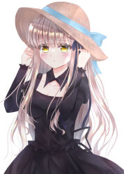 Rule 34 | 1girl, black collar, black dress, black ribbon, blue bow, blunt bangs, blurry, blush, bow, breasts, cleavage, collar, collarbone, commentary, cowboy shot, depth of field, detached collar, dress, eyelashes, eyes visible through hair, frilled dress, frills, hair ribbon, hands up, hat, hat bow, highres, juliet sleeves, large breasts, light brown hair, lips, long hair, long sleeves, looking at viewer, official alternate costume, parted lips, puffy sleeves, rewrite, ribbon, senri akane, sidelocks, simple background, solo, standing, straw hat, suzu 701kt, very long hair, white background, yellow eyes
