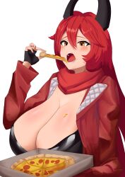 Rule 34 | 1girl, absurdres, black gloves, blush, breasts, cleavage, crop top, cropped jacket, eating, fingerless gloves, food, food on body, food on breasts, gloves, goddess of victory: nikke, hair between eyes, harunobu 5238, headgear, highres, horns, huge breasts, jacket, leather, leather jacket, long hair, mechanical horns, navel, open mouth, orange eyes, pizza, red hair, red hood (nikke), red jacket, red scarf, scarf, simple background, solo, unzipped, very long hair, white background, zipper