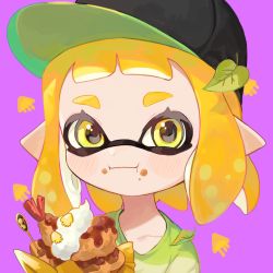 Rule 34 | 1girl, :i, baseball cap, black hat, blush, commentary, eating, food, food on face, hat, highres, inkling, inkling girl, inkling player character, kumo (kumo hsc0216), leaf, looking at viewer, nintendo, orange hair, pointy ears, portrait, purple background, shirt, short hair, shrimp, shrimp tempura, simple background, solo, splatoon (series), splatoon 2, symbol-only commentary, tempura, tentacle hair, yellow eyes