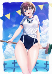 Rule 34 | 1girl, absurdres, arms behind head, black hair, black one-piece swimsuit, blue eyes, blue sky, cleaning brush, cloud, commentary request, competition swimsuit, cowboy shot, empty pool, goggles, goggles around neck, highres, looking at viewer, one-piece swimsuit, original, pool, rama (yu-light8), shirt, short hair, sky, smile, solo, string of flags, swimsuit, swimsuit under clothes, t-shirt, thigh gap, tied shirt, white shirt