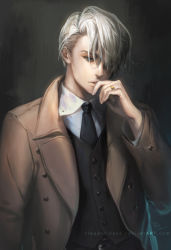 Rule 34 | 10s, 1boy, blue eyes, claparo, coat, formal, grey hair, hair over one eye, hand to own mouth, jewelry, male focus, necktie, ring, signature, solo, suit, viktor nikiforov, watermark, web address, yuri!!! on ice