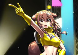 Rule 34 | 1girl, :d, alternate costume, animal ears, arm up, armpits, bone hair ornament, braid, breasts, brown eyes, brown hair, commentary, cosplay, crop top, dog ears, dog girl, dog tail, earpiece, fangs, gloves, hair between eyes, hair ornament, highres, hololive, index finger raised, inugami korone, looking at viewer, medium breasts, medium hair, microphone, midriff, navel, open mouth, outstretched arm, sabaku chitai, shirt, side braids, smile, solo, space channel 5, sparkle, stage, stage lights, tail, twin braids, ulala, ulala (cosplay), upper body, virtual youtuber, yellow gloves, yellow shirt