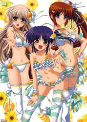 Rule 34 | 3girls, absurdres, bikini, blonde hair, blue eyes, blue hair, blush, bracelet, breasts, cleavage, frilled bikini, frills, front-tie top, green eyes, hair ribbon, hand on own hip, hand on own thigh, hands on own hips, higa yukari, highres, huge filesize, isis egret, jewelry, lily-strosek, long hair, looking at viewer, lyrical nanoha, mahou senki lyrical nanoha force, medium breasts, multiple girls, navel, non-web source, nyantype, official art, open mouth, ponytail, ribbon, shiny skin, short hair, side ponytail, small breasts, smile, striped clothes, striped legwear, striped thighhighs, swimsuit, takamachi nanoha, thigh gap, thighhighs, white legwear, yellow eyes