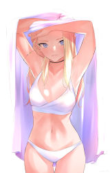 Rule 34 | 1girl, absurdres, armlet, armpits, arms up, bed sheet, bikini, black choker, blonde hair, blue eyes, breasts, choker, clara (girls und panzer), closed mouth, commentary, cowboy shot, girls und panzer, highres, holding, holding sheet, lips, long hair, looking at viewer, medium breasts, navel, oze (xyz go go11), skindentation, solo, standing, swimsuit, thigh gap, twitter username, white bikini