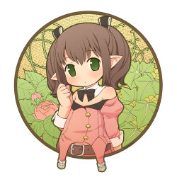 Rule 34 | 10s, 1girl, bare shoulders, belt, blush, bow, brown hair, final fantasy, final fantasy xiv, flower, green eyes, hair ribbon, ivy, lalafell, leaf, looking at viewer, mizuno mumomo, pointy ears, ribbon, short hair, solo, square enix, strapless, twintails, warrior of light (ff14)