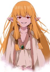 Rule 34 | 1girl, blonde hair, breasts, brooch, cleavage, commentary, crop top, earclip, elf, fog, grin, hair tubes, highres, jacket, jewelry, long sleeves, looking at viewer, low-tied sidelocks, medium breasts, navel, pointy ears, red eyes, serie (sousou no frieren), sidelocks, simple background, smile, solo, sousou no frieren, straight-on, symbol-only commentary, upper body, white background, yasehattagi
