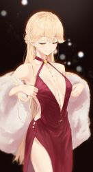 Rule 34 | 1girl, absurdres, armpits, backless dress, backless outfit, black background, blonde hair, blurry, blush, bokeh, braid, breasts, breasts apart, coat, depth of field, dress, earrings, fur coat, girls&#039; frontline, half-closed eyes, head tilt, highres, jewelry, kimi (hearty yuuki), long hair, midriff peek, necklace, official alternate costume, ots-14 (girls&#039; frontline), ots-14 (ruler of the banquet) (girls&#039; frontline), pearl earrings, side slit, smile, solo, strap gap, thighs, very long hair, white coat