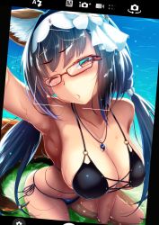 Rule 34 | 1girl, :o, animal ears, bikini, black bikini, black hair, blush, breasts, cellphone, cleavage, collarbone, commentary request, fate/grand order, fate (series), fox ears, fox tail, glasses, hair bobbles, hair ornament, hairband, large breasts, long hair, looking at viewer, magatama, magatama necklace, necklace, o-ring, o-ring bikini, ocean, one eye closed, osakabehime (fate), osakabehime (foxy lady) (fate), phone, red-framed eyewear, red eyes, saboten teishoku, selfie, side-tie bikini bottom, smartphone, solo, swimsuit, tail, twintails, very long hair, viewfinder, water
