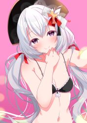 Rule 34 | + +, 1girl, absurdres, azur lane, bare shoulders, black bra, black hat, bra, breasts, closed mouth, commentary request, cross, cross-shaped pupils, cross hair ornament, flandre (azur lane), frilled bra, frills, grey hair, hair between eyes, hair ornament, hair ribbon, hand on own chin, hat, heart, highres, lingerie, long hair, looking at viewer, low twintails, navel, origami aya, pink background, purple eyes, reaching, reaching towards viewer, red ribbon, ribbon, selfie, small breasts, smile, solo, stomach, symbol-shaped pupils, twintails, underwear, upper body, white hair