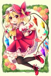 Rule 34 | 1girl, ascot, black thighhighs, blonde hair, blush, bow, eyebrows, fang, flandre scarlet, flower, frills, hat, hat bow, high heels, miniskirt, mob cap, moe (phrase), open mouth, petals, petticoat, puffy short sleeves, puffy sleeves, red eyes, rose, ruhika, shoes, short hair, short sleeves, side ponytail, skirt, skirt hold, skirt set, smile, socks, solo, thighhighs, touhou, wings, wrist cuffs, zettai ryouiki