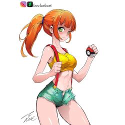 Rule 34 | 1girl, adapted costume, asymmetrical hair, bare legs, blush, breasts, cowboy shot, creatures (company), denim, denim shorts, female focus, game freak, green eyes, gym leader, highres, holding, holding poke ball, leeclarkart, legs, looking at viewer, medium breasts, misty (pokemon), navel, nintendo, orange hair, panties, pants, partially unzipped, poke ball, pokemon, pokemon (anime), pokemon (classic anime), ponytail, shirt, short hair, short ponytail, short shorts, shorts, side ponytail, smile, solo, suspenders, tank top, thighs, underwear, unzipped, wide hips, yellow shirt, yellow tank top