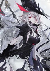 Rule 34 | 1girl, arknights, black gloves, black headwear, breasts, cowboy shot, expressionless, eyes visible through hair, gladiia (arknights), gloves, gradient background, grey background, hair over one eye, highres, kaguura (kagu), large breasts, leaning forward, long hair, pants, parted lips, pointy ears, red eyes, red shirt, shirt, short sleeves, sideboob, silver hair, solo, tight clothes, tight pants, very long hair, weapon, white pants