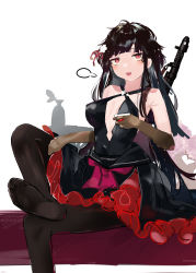 Rule 34 | 1girl, absurdres, black hair, feet, girls&#039; frontline, gun, highres, light blush, long hair, looking at viewer, open mouth, pantyhose, red eyes, soles, toes, type 100 (girls&#039; frontline), weapon