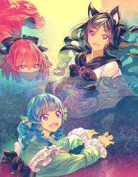 Rule 34 | 3girls, animal ears, blue eyes, blue hair, brooch, brown hair, disembodied head, dress, drill hair, fang, fins, fish tail, from above, hair ribbon, head fins, imaizumi kagerou, japanese clothes, jewelry, kimono, lips, long hair, long sleeves, looking at viewer, mermaid, monster girl, multiple girls, obi, open mouth, partially submerged, red eyes, red hair, ribbon, sash, sekibanki, short hair, tail, touhou, underwater, wakasagihime, wet, wet clothes, white dress, wide sleeves, wolf ears, zounose