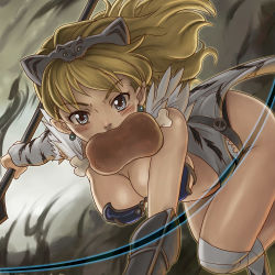 Rule 34 | 00s, 1girl, bad id, bad pixiv id, bandages, bandages on legs, blonde hair, blue eyes, boned meat, breasts, captain of the royal guard elina, cleavage, earrings, elina (queen&#039;s blade), elina (queen's blade), fang, female focus, food, fur, hamoto, jewelry, large breasts, meat, mouth hold, queen&#039;s blade, solo