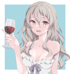 Rule 34 | 1girl, alcohol, alternate costume, blue background, blush, breasts, cleavage, collarbone, cup, dress, drinking glass, highres, holding, holding cup, kantai collection, kukimaru, large breasts, long hair, looking at viewer, open mouth, pola (kancolle), smile, solo, strapless, strapless dress, upper body, white background, white dress, wine, wine glass