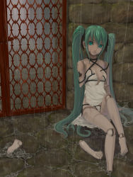 Rule 34 | 1girl, amputee, bad id, bad pixiv id, broken, doll, doll joints, green hair, hatsune miku, joints, long hair, panties, rain, solo, torn clothes, twintails, underwear, very long hair, vocaloid, yuru