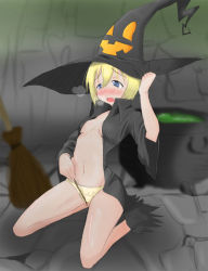 Rule 34 | 1girl, barefoot, blonde hair, blue eyes, blush, cauldron, clothed masturbation, coat, crotch rub, drawfag, erica hartmann, female masturbation, flat chest, hat, heavy breathing, kneeling, masturbation, navel, no bra, open clothes, open coat, panties, petite, short hair, solo, strike witches, through clothes, underwear, wand, wide sleeves, witch hat, world witches series, yellow panties