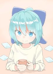 Rule 34 | 1girl, ahoge, aqua hair, blue bow, blue eyes, bow, cirno, coffee mug, commentary request, cup, detached wings, hair bow, highres, holding, holding cup, ice, ice wings, kae karee, long hair, looking at viewer, mug, pink background, shirt, short hair, smile, solo, touhou, upper body, white shirt, wings