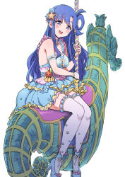 Rule 34 | 1girl, :d, absurdres, asari nanami, bare shoulders, blue dress, blue eyes, blue footwear, blue hair, breasts, carousel, commentary, dress, eyebrows hidden by hair, fish, frilled dress, frills, hair rings, hand up, high heels, highres, idolmaster, idolmaster cinderella girls, idolmaster cinderella girls starlight stage, long hair, looking at viewer, medium breasts, open mouth, parted bangs, pizzasi, seahorse, shell hair ornament, shoes, simple background, sitting, sleeveless, sleeveless dress, smile, solo, starfish hair ornament, thighhighs, very long hair, white background, white thighhighs