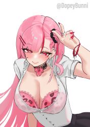 Rule 34 | 1girl, absurdres, alternate costume, animal print, blush, bra, bracelet, breasts, choker, cleavage, dopeybunni, ear piercing, earrings, gyaru, highres, hololive, hololive english, inverted cross earrings, jewelry, large breasts, leopard print, long hair, mori calliope, piercing, pink bra, pink eyes, pink hair, print bra, red nails, shirt, short sleeves, simple background, solo, underwear, upper body, v, virtual youtuber, white background, white shirt