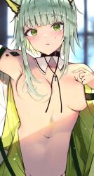 Rule 34 | 1girl, animal ears, arknights, bare shoulders, blunt bangs, blurry, blurry background, blush, breasts, collarbone, commentary request, detached collar, green eyes, green hair, hair over breasts, hair over one breast, highres, kal&#039;tsit (arknights), kyuu (plastic night q), looking at viewer, medium breasts, navel, open clothes, solo