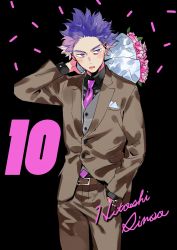 Rule 34 | 1boy, bikkusama, blush, boku no hero academia, bouquet, flower, formal, highres, purple eyes, purple hair, shinsou hitoshi, solo, standing, suit