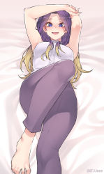Rule 34 | 1girl, arms up, artist name, barefoot, blonde hair, blue eyes, blush, breasts, character request, collared shirt, copyright request, grey pants, highres, jjune, large breasts, looking at viewer, lying, multicolored hair, on back, open mouth, pants, purple hair, shirt, sleeveless, sleeveless shirt, smile, solo, sweat, twitter username, two-tone hair, white shirt