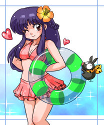 bandana bikini blue_hair blush breasts flower hair_flower hair_ornament heart navel one_eye_closed p-chan pig ranma_1/2 smile swimsuit tendou_akane wanta_(futoshi) yellow_bandana yellow_flower