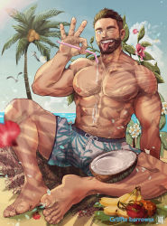 Rule 34 | 1boy, ;p, abs, absurdres, banana, bara, barefoot, beach, beard, biceps, bird, black eyes, blue male swimwear, blue swim trunks, brown hair, buzz cut, carpet, chest hair, cloud, cloudy sky, coconut, day, dragon fruit, drinking straw, dripping, facial hair, fang, flower, food, fruit, fruit juice, hairy, highres, large pectorals, leg hair, looking at viewer, male focus, male swimwear, manly, mature male, multicolored male swimwear, multicolored swim trunks, muscular, muscular male, nipples, ocean, one eye closed, original, palm tree, pectorals, petals, print male swimwear, print swim trunks, real life, saliva, short hair, sitting, sky, solo, spiked hair, spread legs, suamaru, swim trunks, swimsuit, teeth, thick arms, thick eyebrows, thick thighs, thighs, tongue, tongue out, tree, very short hair, wet, white male swimwear, white swim trunks