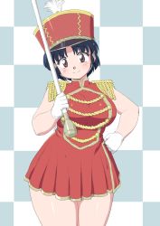 Rule 34 | 1girl, absurdres, alternate costume, bare arms, blue hair, blush, breasts, brown eyes, curvy, gloves, hat, head tilt, highres, large breasts, legs together, looking at viewer, mage (harumagedon), marching band, marching band baton, plump, ranma 1/2, short hair, smile, solo, tendou akane, thick thighs, thighs, uniform, white gloves, wide hips
