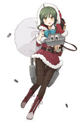Rule 34 | 10s, 1girl, alternate costume, boots, brown eyes, christmas, cross-laced footwear, enu (roco roco44), green hair, hat, kantai collection, lace-up boots, looking at viewer, pantyhose, sack, santa costume, santa hat, short hair, short hair with long locks, solo, takanami (kancolle), turret