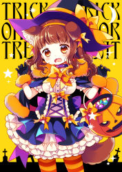 Rule 34 | 1girl, animal ears, black cape, black gloves, blue skirt, bow, breasts, brown hair, candy wrapper, cape, collar, commentary request, crescent, dog ears, dog girl, dog tail, fangs, fur-trimmed cape, fur-trimmed gloves, fur trim, gloves, halloween, halloween bucket, hands up, hat, hat bow, higanbana no saku yoru ni, highres, kemonomimi mode, kusunoki midori, medium breasts, open mouth, orange bow, pantyhose, pleated skirt, puffy short sleeves, puffy sleeves, purple collar, purple hat, sakurazawa izumi, shirt, short sleeves, skirt, solo, star (symbol), striped clothes, striped pantyhose, tail, trick or treat, wavy mouth, white shirt, witch hat, yellow background