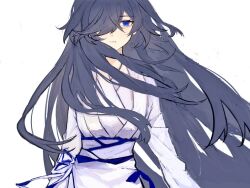Rule 34 | 1girl, adapted costume, an dong, blue eyes, blue hair, china dress, chinese clothes, closed mouth, dress, fu hua, fu hua (azure empyrea), fu hua (taixuan impression), grey hair, hair over one eye, hanfu, honkai (series), honkai impact 3rd, long hair, long sleeves, looking at viewer, official alternate costume, simple background, solo, white background, white dress, white hanfu, white sleeves