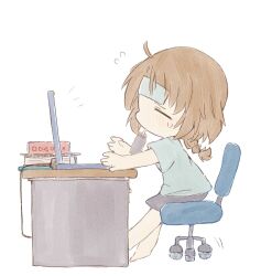 Rule 34 | 1girl, ahoge, assault lily, barefoot, black shorts, blush, book, bottle, braid, braided ponytail, brown hair, chair, chibi, closed eyes, closed mouth, cold pack, commentary request, computer, desk, drinking straw, drinking straw in mouth, flying sweatdrops, from side, futagawa fumi, grey shirt, hands up, highres, laptop, long hair, low ponytail, motion lines, mouth hold, notice lines, office chair, on chair, outstretched arms, profile, shirt, shorts, single braid, sitting, solo, sweatdrop, swivel chair, toyo (sameden46)