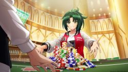 Rule 34 | 1girl, 1other, androgynous, breasts, casino, casino card table, copyright notice, dolphin wave, game cg, green eyes, green hair, harunami anri, holographic interface, jacket, jersey, large breasts, official art, poker chip, ponytail, raglan sleeves, red jacket, table, tagme