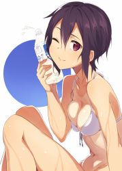 Rule 34 | 1girl, ;), bikini, bikini top only, black hair, bottle, bottle to cheek, breasts, cleavage, halterneck, holding, holding bottle, kinta (distortion), looking at viewer, one-piece tan, one eye closed, original, red eyes, short hair, smile, solo, swimsuit, tan, tanline, water bottle, white background, white bikini