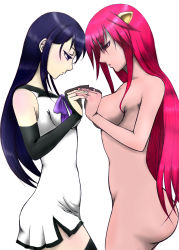 Rule 34 | 00s, 10s, 2girls, bare shoulders, blue hair, breasts, bridal gauntlets, clothed female nude female, completely nude, creator connection, crossover, elfen lied, forehead-to-forehead, gokukoku no brynhildr, heads together, highres, horns, interlocked fingers, kuroha neko, long hair, looking at another, lucy (elfen lied), multiple girls, nude, pink eyes, pink hair, purple eyes, setsuna (pixiv1092072), simple background, single horn, thighhighs, white background, zettai ryouiki
