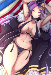Rule 34 | 1girl, absurdres, bikini, black bikini, black cape, black gloves, breasts, cape, facial mark, fate/grand order, fate (series), forehead mark, fur-trimmed cape, fur trim, gloves, grimmelkin, half gloves, highres, large breasts, long hair, lying, navel, on back, parted bangs, red eyes, side-tie bikini bottom, solo, swimsuit, twintails, very long hair, wu zetian (fate), wu zetian (swimsuit caster) (fate), wu zetian (swimsuit caster) (third ascension) (fate)