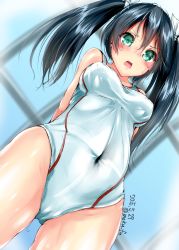 Rule 34 | 10s, 1girl, 2015, arms behind back, black hair, blush, breasts, covered navel, dated, from below, green eyes, highres, isuzu (kancolle), kantai collection, long hair, mokufuu, open mouth, solo, twintails, twitter username