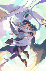 Rule 34 | 2boys, ahoge, androgynous, aqua hair, aqua nails, arm guards, armor, asymmetrical clothes, beret, black hair, blue hair, braid, brown footwear, collared cape, commentary, detached sleeves, english commentary, evercelle, closed eyes, eyeshadow, feathered wings, flower, frilled sleeves, frills, from side, full body, genshin impact, gloves, gradient hair, green gloves, green hair, green headwear, green shorts, green wings, hat, hat flower, unworn hat, unworn headwear, highres, hug, juliet sleeves, loafers, long hair, long sleeves, looking at another, makeup, male focus, multicolored hair, multiple boys, nail polish, pantyhose, puffy sleeves, red eyeshadow, shirt, shoes, short hair, short hair with long locks, shorts, shoulder armor, shoulder pads, shoulder spikes, side braids, sidelocks, signature, single detached sleeve, spikes, twin braids, two-tone hair, venti (genshin impact), white flower, white shirt, white wings, wide sleeves, wings, xiao (genshin impact), yaoi