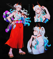 Rule 34 | 1girl, black background, blue hair, breasts, character name, closed eyes, club, club (weapon), commentary, cuffs, earrings, full body, hair ornament, hakama, hakama pants, hand in own hair, hand on own hip, handcuffs, high ponytail, highres, holding, holding weapon, horns, japanese clothes, jewelry, kanabou, light smile, long hair, medium breasts, multicolored hair, multiple views, one piece, oratoza, pants, ponytail, red hakama, rope, rope belt, shimenawa, sideboob, simple background, symbol-only commentary, upper body, weapon, white background, yamato (one piece)