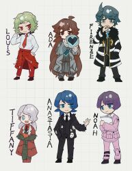 Rule 34 | 3boys, 3girls, :3, ahoge, apple, aqua hair, aqua necktie, black coat, black jacket, black necktie, black pants, black vest, blue eyes, blue hair, brown eyes, brown hair, chinese commentary, closed mouth, clothes around waist, coat, collared shirt, commentary request, employee (project moon), food, fruit, full body, green hair, grey coat, grey eyes, grey pants, grey vest, highres, holding, holding food, holding fruit, holding orb, holding paper, jacket, jacket around waist, lobotomy corporation, long hair, long sleeves, multiple boys, multiple girls, necktie, no nose, open clothes, open coat, open jacket, pants, paper, pink jacket, pink pants, project moon, purple hair, red coat, red eyes, red jacket, red necktie, red pants, red shirt, shirt, short hair, sleeves past wrists, smile, teeth, tesna, tie clip, twintails, upper teeth only, very long hair, vest, white hair, white necktie, white shirt