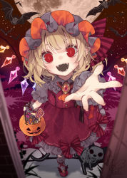 Rule 34 | 1girl, adapted costume, animal, basket, bat (animal), blonde hair, buttons, cat, crystal, dress, flandre scarlet, foreshortening, full moon, halloween, hat, highres, holding, holding basket, long hair, looking at viewer, mob cap, moon, one side up, open mouth, pointy ears, puffy short sleeves, puffy sleeves, reaching, reaching towards viewer, red dress, red eyes, red footwear, sharp teeth, short sleeves, signature, solo, teeth, touhou, toutenkou, white legwear, wings