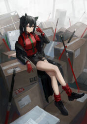 Rule 34 | 1girl, absurdres, animal ear fluff, animal ears, arknights, bare legs, belt, black coat, black footwear, black shorts, box, cardboard box, closed mouth, coat, collared shirt, crossed legs, full body, gloves, green necktie, highres, leg warmers, long hair, long sleeves, looking at viewer, necktie, nekoreito, official alternate costume, open clothes, open coat, ponytail, red eyes, red gloves, red shirt, shirt, shoes, shorts, sidelocks, sitting, solo, texas (arknights), texas (willpower) (arknights), thigh strap, wolf ears