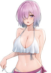 Rule 34 | 1girl, alternate costume, ayul (ayulneri 92), bare shoulders, bikini, blush, breasts, cleavage, collarbone, fate/grand order, fate (series), hair over one eye, highres, large breasts, light purple hair, looking at viewer, mash kyrielight, navel, open mouth, purple eyes, sarong, short hair, smile, solo, swimsuit, wet, white bikini